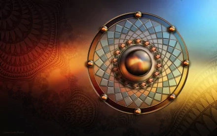An artistic HD wallpaper featuring a circular jewelry design with intricate tiled patterns, set against a vibrant gradient background.