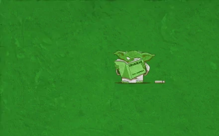 A vibrant HD wallpaper featuring a playful illustration of Yoda from Star Wars, holding a green book against a textured green background.