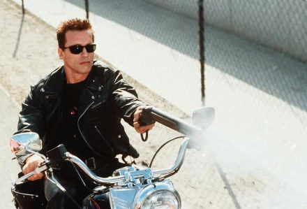 Arnold Schwarzenegger, as the Terminator, rides a motorcycle in a dynamic scene from Terminator 2: Judgment Day, showcasing an iconic moment from the film. High-definition wallpaper.
