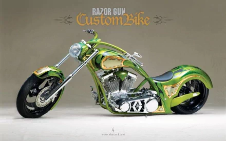 HD desktop wallpaper featuring a vibrant green custom motorcycle with chrome details, showcasing a sleek bike design against a neutral background.