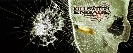 A high-definition desktop wallpaper featuring music elements related to Killswitch Engage, showcasing a cracked glass design and the band's logo.