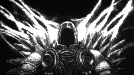 HD PC desktop wallpaper featuring Tyrael, an angelic character from the video game Diablo III, with glowing wings and detailed armor in a dramatic black and white style.