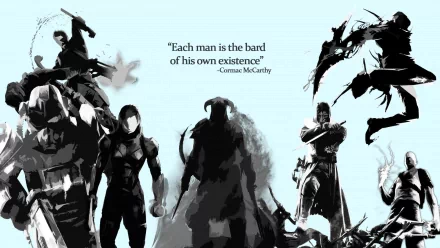 A striking HD desktop wallpaper featuring iconic characters from Deus Ex: Human Revolution, Fallout, Mass Effect, Prototype, Dishonored, and The Elder Scrolls V: Skyrim, accompanied by a powerful quote.