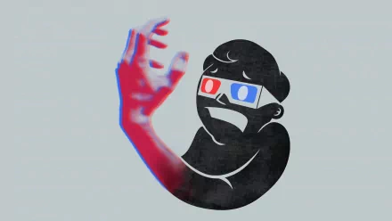 A stylized illustration of a character wearing 3D glasses, reaching out with a red and blue hand, set against a simple background, inspired by the Fallout video game universe.