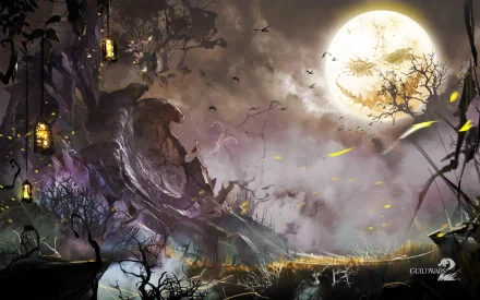 HD Guild Wars 2 desktop wallpaper featuring a spooky Halloween night with glowing lanterns, twisted trees, and a full moon casting eerie light over the landscape.
