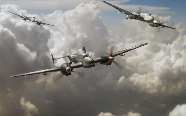 HD PC desktop wallpaper showing three vintage military aircraft flying through a cloudy sky.