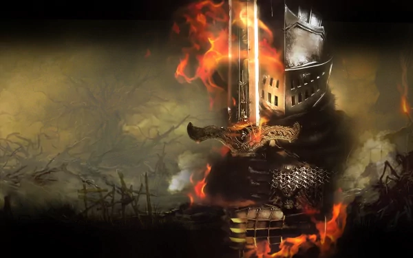 HD wallpaper and background featuring a Dark Souls video game theme, displaying a heavily armored knight holding a flaming sword amidst a desolate, smoldering landscape.