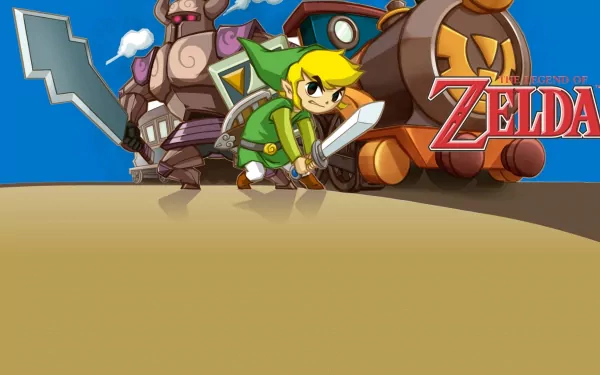 HD PC desktop wallpaper of Link from the video game The Legend of Zelda: Spirit Tracks charging with sword beside a steam train and armored automaton against a bright blue sky and tan icon area.