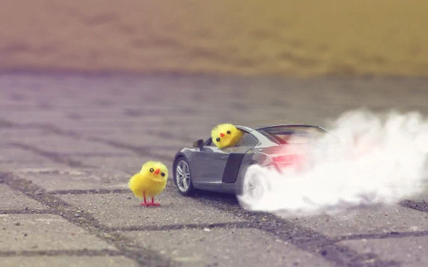 A playful scene featuring cute yellow chicks in a fun car, leaving a trail of smoke on a brick surface. A whimsical HD wallpaper that's sure to bring a smile.