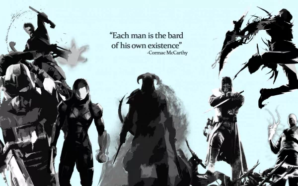 A striking HD desktop wallpaper featuring iconic characters from Deus Ex: Human Revolution, Fallout, Mass Effect, Prototype, Dishonored, and The Elder Scrolls V: Skyrim, accompanied by a powerful quote.