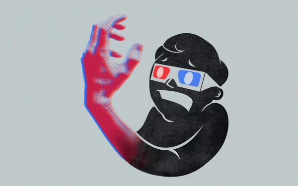 A stylized illustration of a character wearing 3D glasses, reaching out with a red and blue hand, set against a simple background, inspired by the Fallout video game universe.
