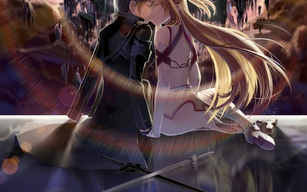 Anime Sword Art Online Epée Asuna Yuuki Kazuto Kirigaya Kirito Kiss Arme Coat Long Hair Thigh Highs Black Hair Blonde Fond d'écran HD | Image