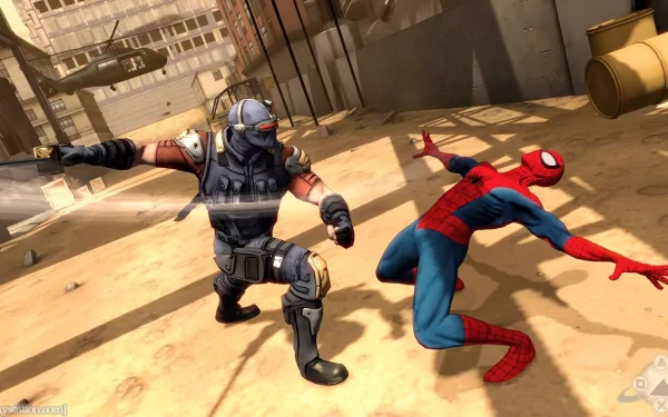 HD PC desktop wallpaper/background from the video game Spider-Man: Shattered Dimensions showing Spider-Man dodging a baton-wielding armored soldier in a sunlit industrial courtyard.