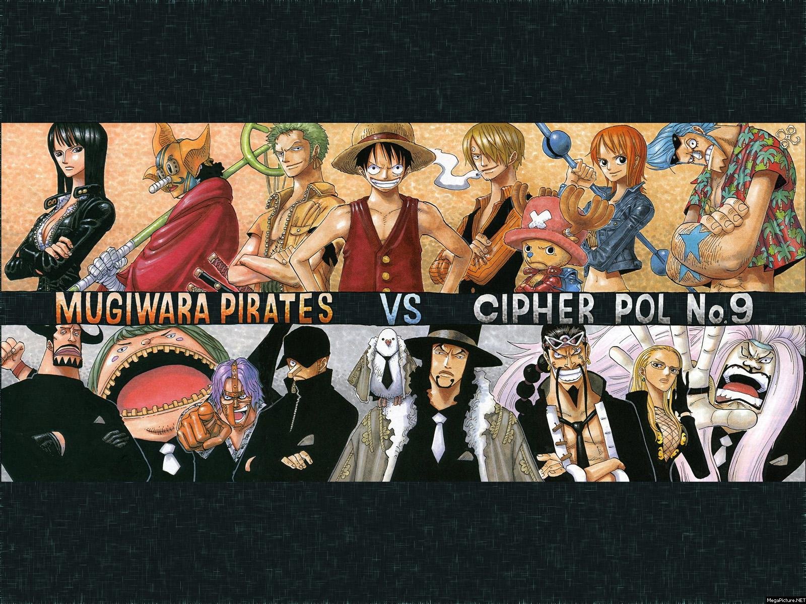 HD anime desktop wallpaper featuring the Straw Hat Pirates and Cipher Pol No. 9 from One Piece in a dynamic face-off composition.