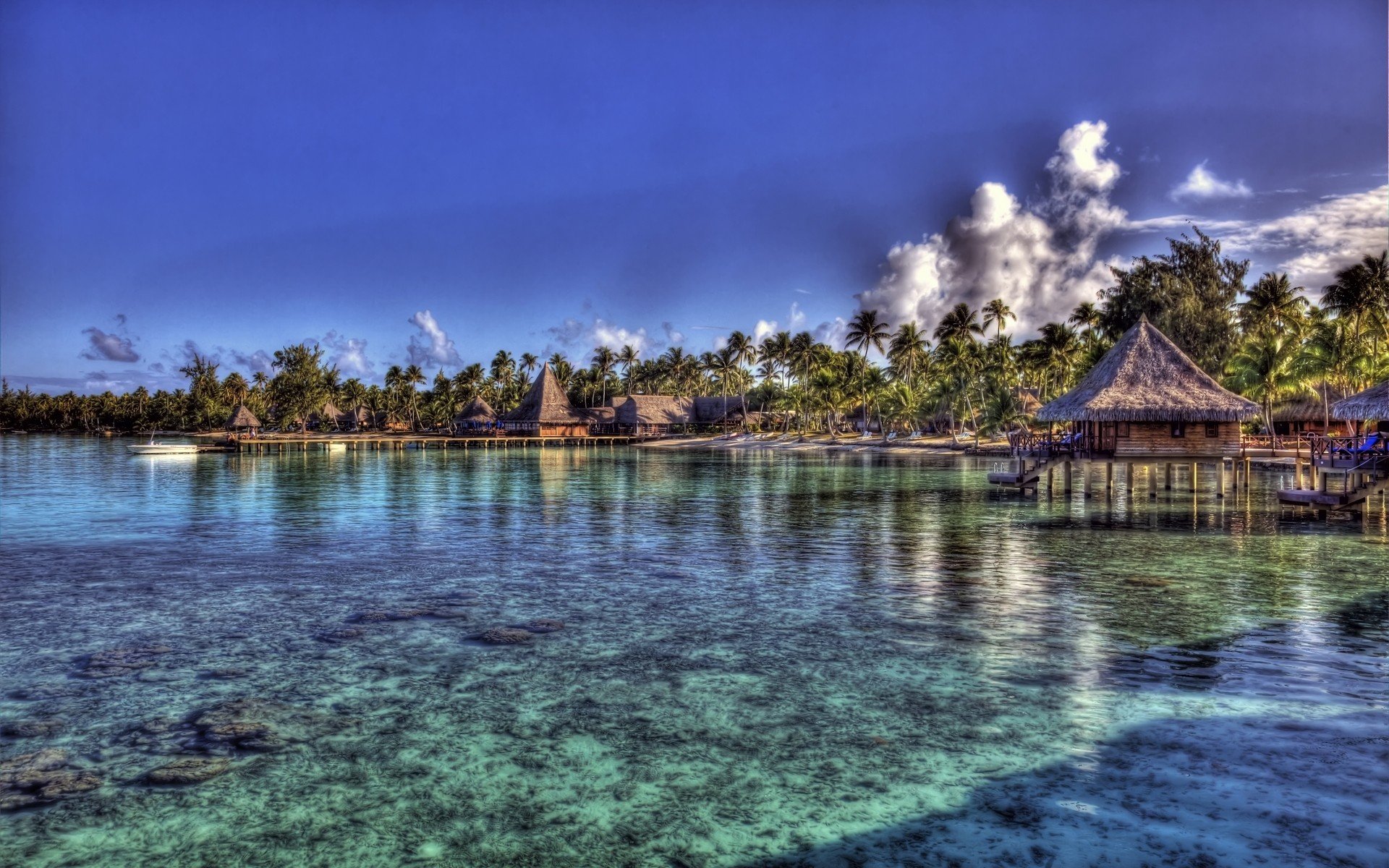 A tranquil tropical scene featuring a thatched hut by the clear blue ocean, surrounded by lush palm trees and vibrant skies, captured in stunning HDR photography.