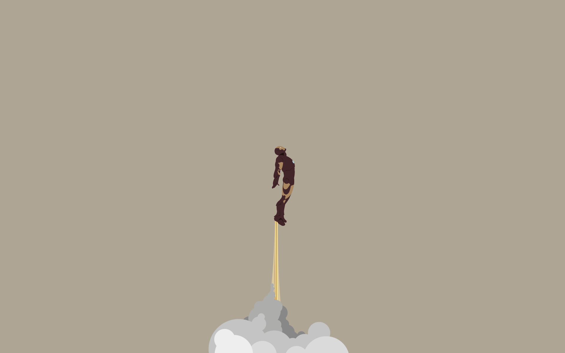 A minimalist comic-style illustration of Iron Man soaring upward, surrounded by clouds and smoke. This HD wallpaper adds a dynamic touch to any desktop background.