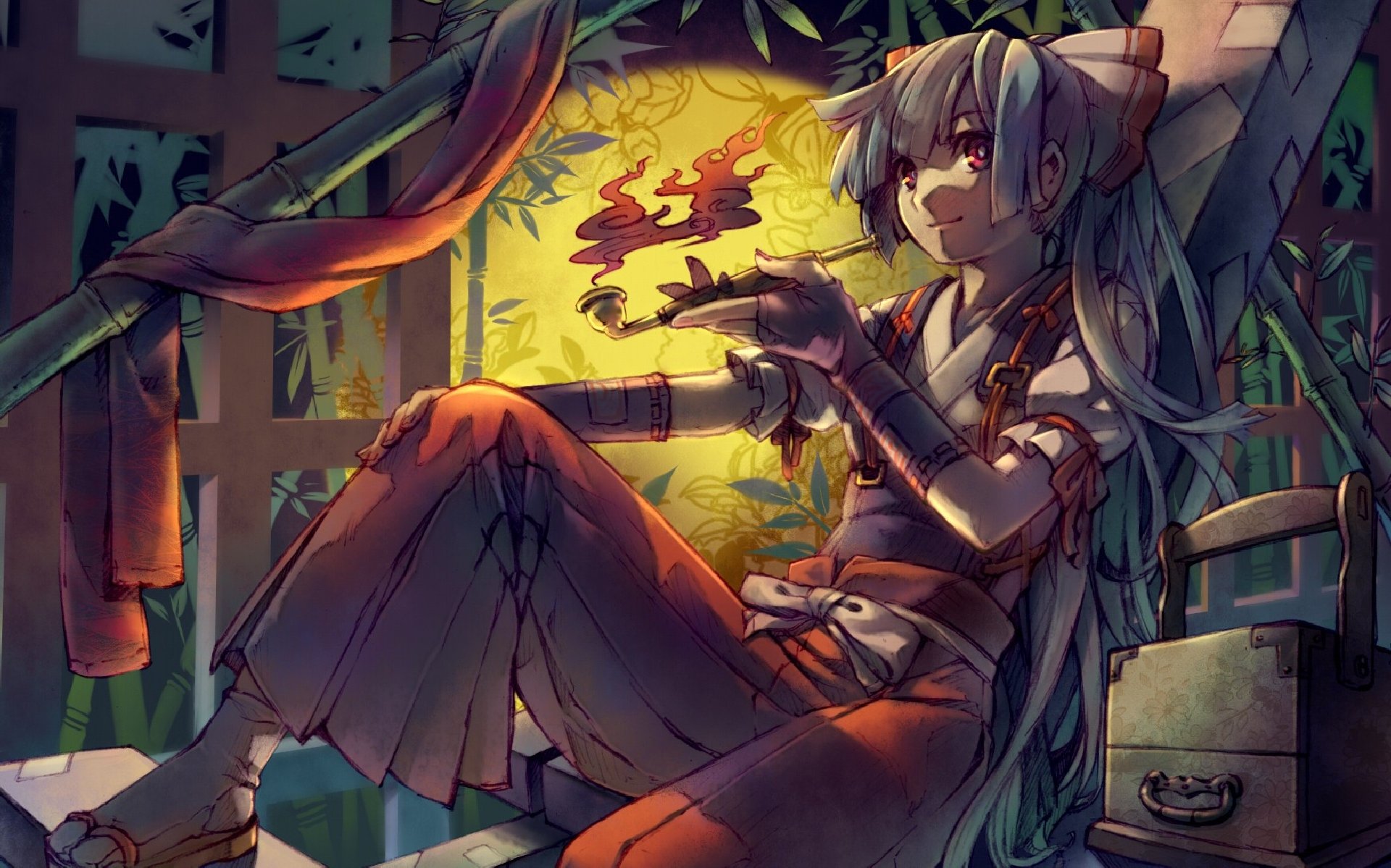 A serene HD desktop wallpaper featuring Fujiwara no Mokou from the anime Touhou, showcasing her relaxed pose against a vibrant, artistic background with bamboo and lanterns.