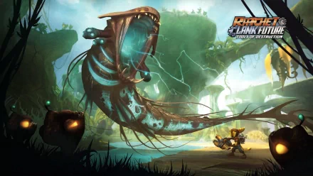 HD PC desktop wallpaper featuring a dramatic scene from the video game Ratchet & Clank Future: Tools of Destruction, with vibrant colors and intense action.