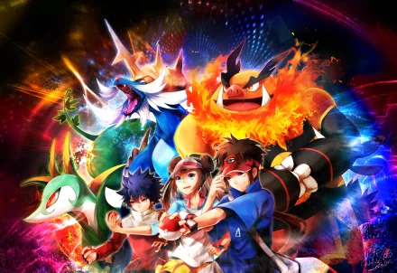 HD desktop wallpaper featuring Hugh, Rosa, and Nate from Pokémon Black and White 2, with their respective Pokémon set against a vibrant, dynamic background.