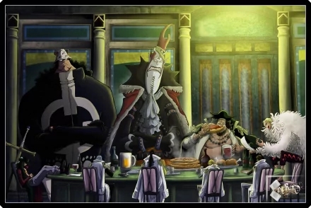 HD desktop wallpaper featuring the Shichibukai from One Piece: Bartholomew Kuma, Dracule Mihawk, Gekko Moriah, and Marshall D. Teach enjoying a meal around a grand table, in vibrant anime style.