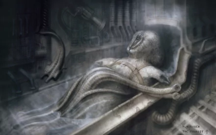 HD sci-fi PC desktop wallpaper showing an alien reclined in a biomechanical chamber, wrapped in tubes and mist with an elongated head and textured, organic machinery.