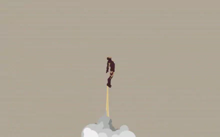 A minimalist comic-style illustration of Iron Man soaring upward, surrounded by clouds and smoke. This HD wallpaper adds a dynamic touch to any desktop background.
