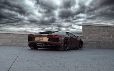 A sleek black Lamborghini Aventador LP 700-4 parked on a rooftop under dramatic cloudy skies, captured in HD for a striking PC desktop wallpaper.