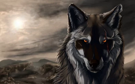HD desktop wallpaper featuring a wolf with piercing eyes against a moody, cloudy background. The wild terrain and dark skies enhance the intensity and mystery of the scene.