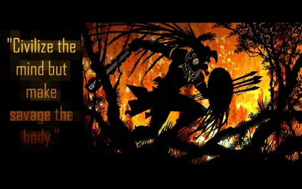 A striking Aztec-inspired HD wallpaper featuring a silhouetted figure with a shield and weapon against a fiery backdrop, accompanied by a motivational quote about balancing mind and body.