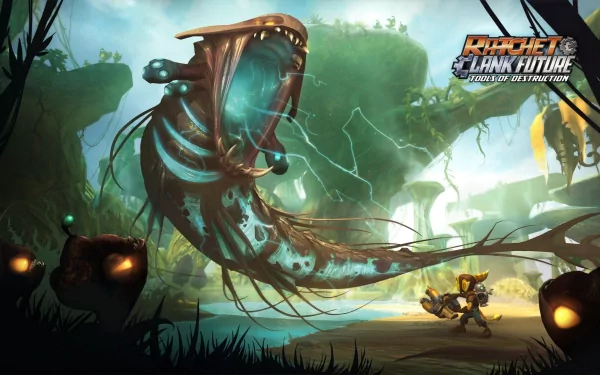 HD PC desktop wallpaper featuring a dramatic scene from the video game Ratchet & Clank Future: Tools of Destruction, with vibrant colors and intense action.