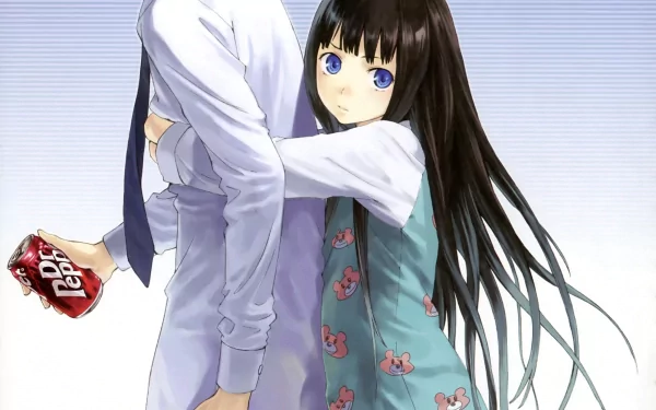 Alice from Heaven's Memo Pad embraces a person holding a Dr Pepper can, set against a clean background in this HD anime PC wallpaper featuring Yūko Shionji.