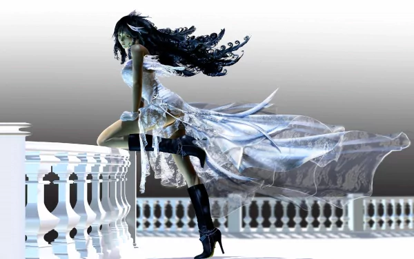 A dynamic woman in an artistic dress poses with flowing fabric against a minimalist backdrop, creating an intriguing high-definition fashion statement.