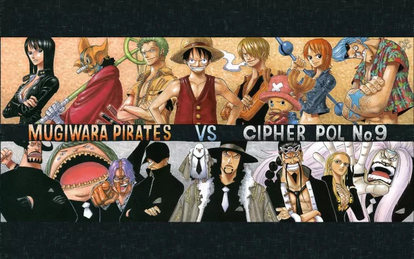 HD anime desktop wallpaper featuring the Straw Hat Pirates and Cipher Pol No. 9 from One Piece in a dynamic face-off composition.