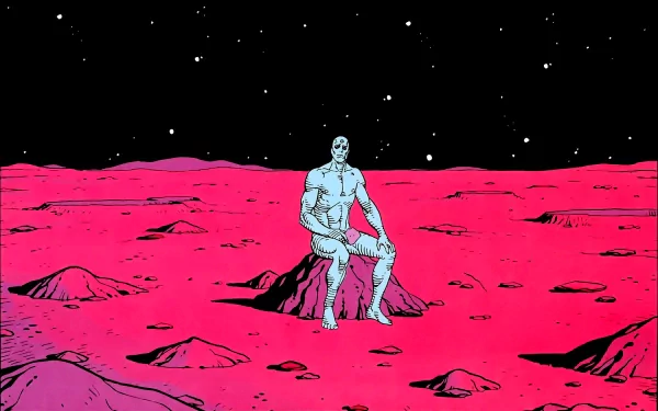 A striking HD wallpaper featuring Doctor Manhattan from the comic Watchmen, seated on a pink-hued lunar landscape under a starry sky.