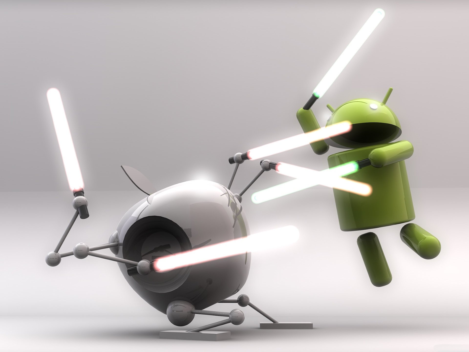 HD PC desktop wallpaper featuring dynamic Android and Apple robot characters engaged in a futuristic light saber battle, highlighting technology and innovation.
