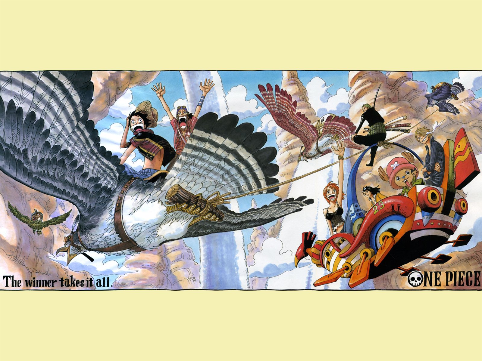 A vibrant HD desktop wallpaper featuring characters from the anime One Piece soaring on giant birds and adventurous vehicles against a fantastical sky backdrop.