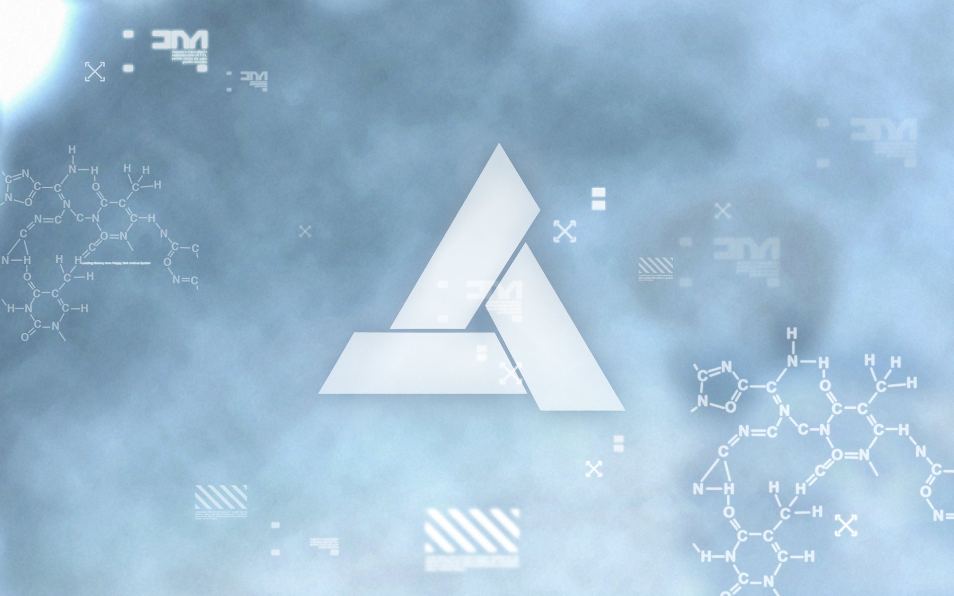 HD PC desktop wallpaper featuring the Assassin's Creed logo against a misty blue background with subtle scientific and geometric symbols, inspired by the video game.