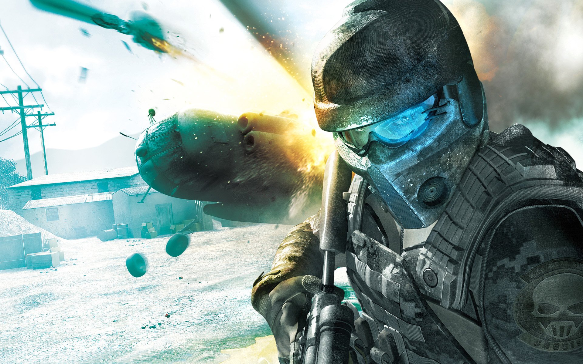 HD PC desktop wallpaper, video game Tom Clancy's Ghost Recon: Future Soldier — futuristic soldier in tactical gear and visor firing a rifle amid explosions and helicopters over a snowy urban battlefield.