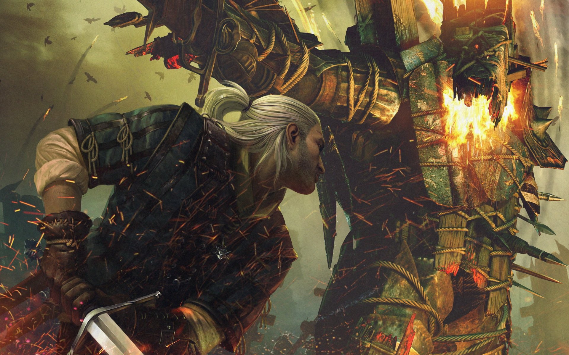 HD PC desktop wallpaper featuring intense combat from the video game The Witcher 2: Assassins of Kings, showcasing Geralt engaged in battle with a fiery armored foe.