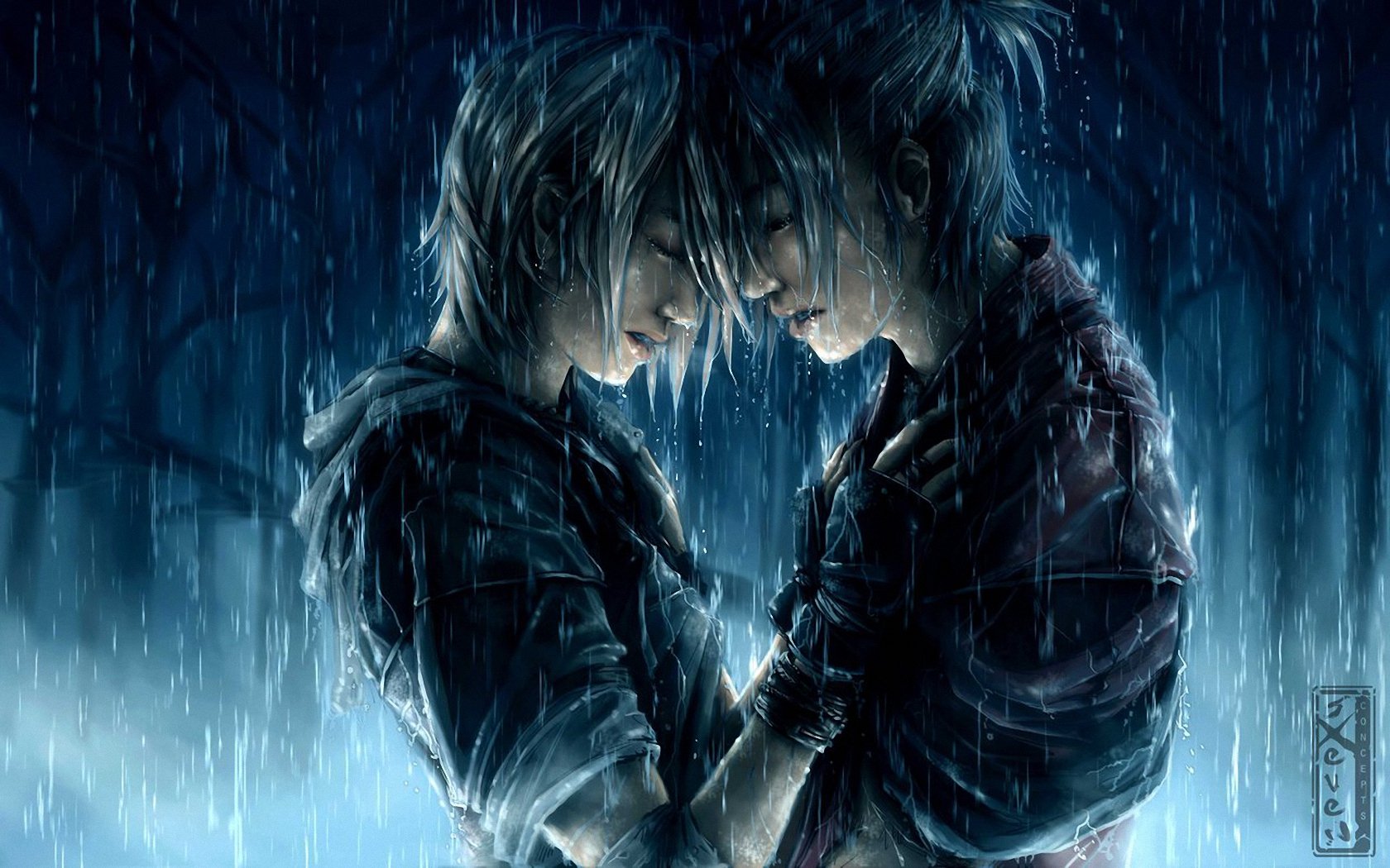 anime couple hugging in rain