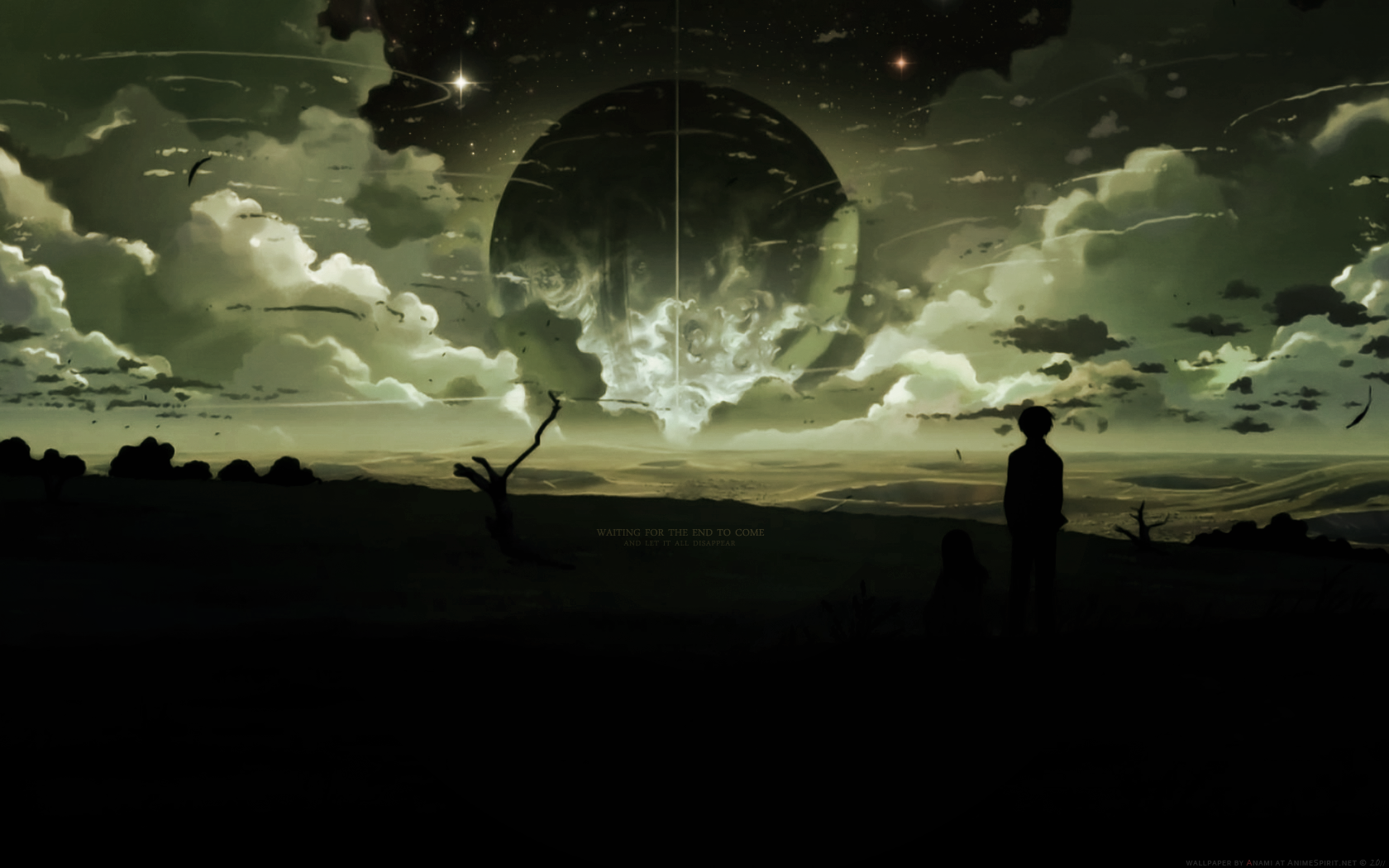 HD desktop wallpaper featuring Akari Shinohara and Takaki Touno from the anime 5 Centimeters per Second, against a stunning otherworldly landscape with a large celestial object in the sky.