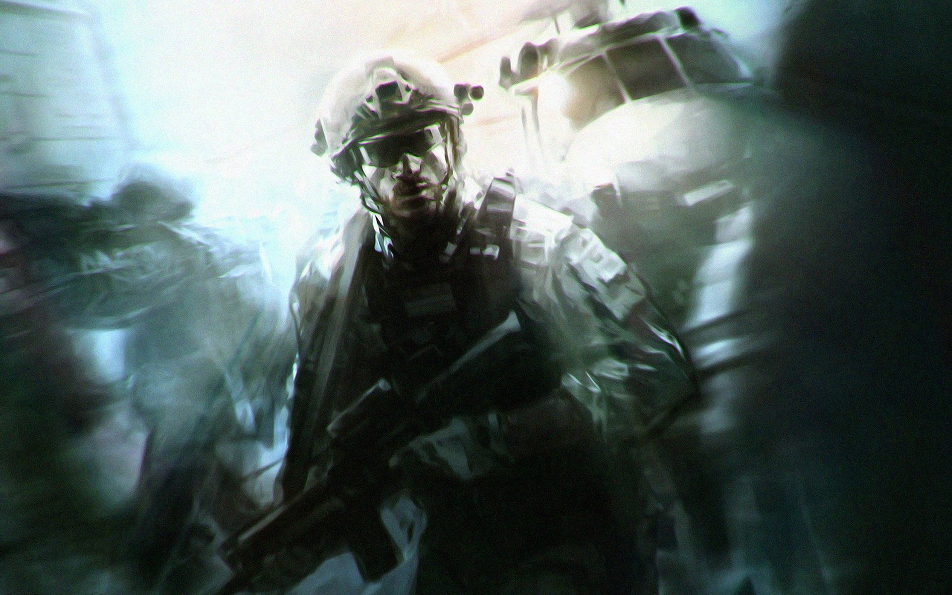 HD PC desktop wallpaper featuring a soldier from the video game Call of Duty: Modern Warfare 3 in a blurred, action-packed scene.