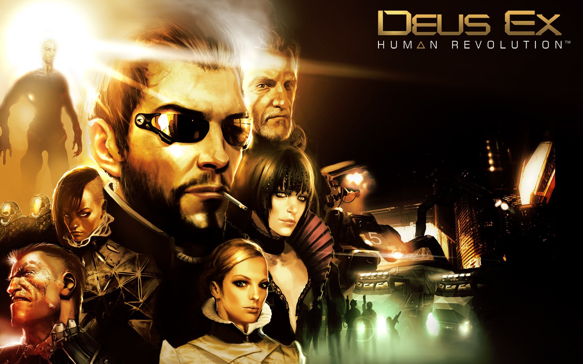 HD PC desktop wallpaper/background for the video game Deus Ex: Human Revolution showing Adam Jensen with augmented goggles and other characters over a golden cyberpunk cityscape.