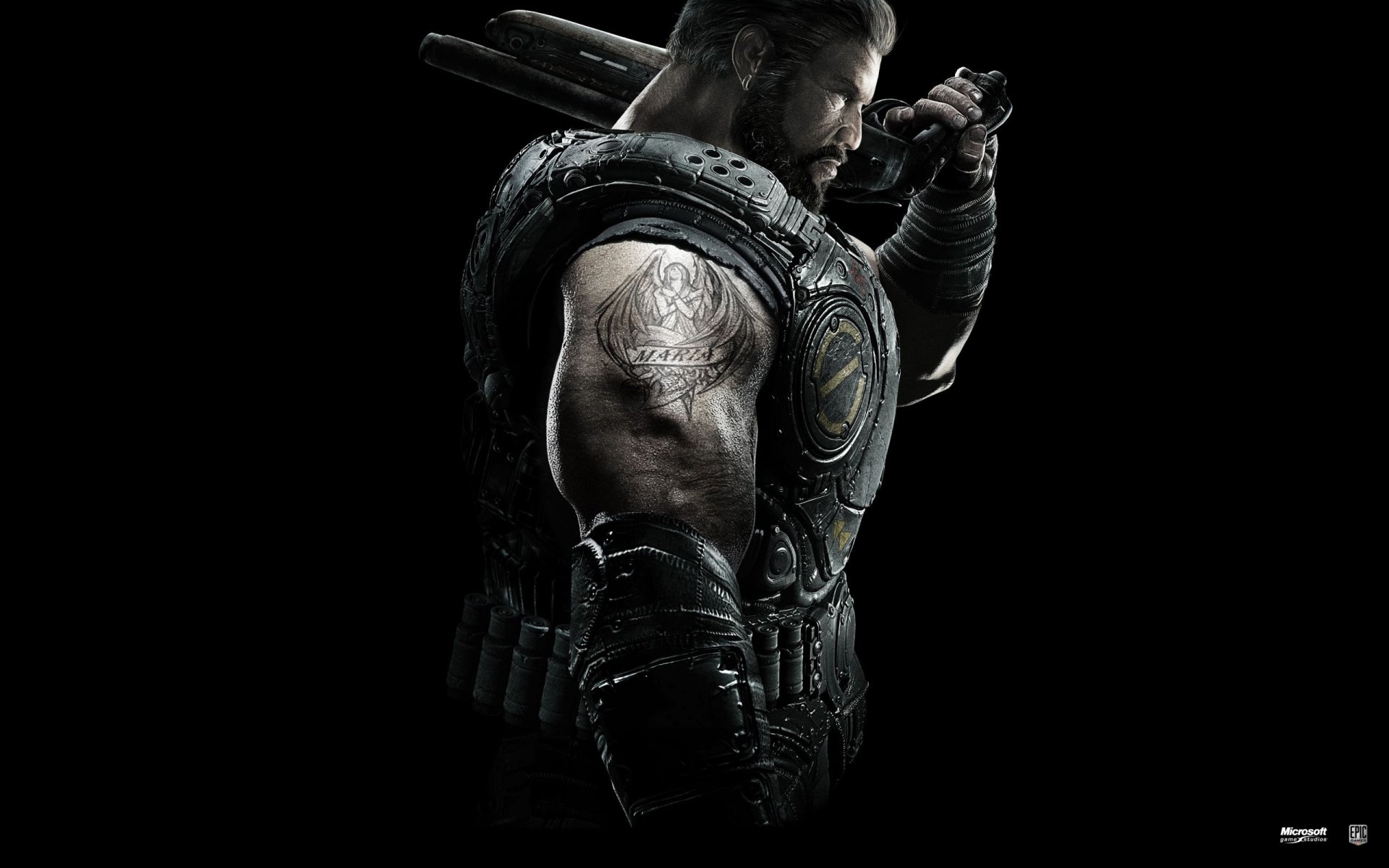 Gears of War 3 video game 2K Quad HD PC desktop wallpaper: muscular armored soldier in profile, tattooed arm and heavy rifle against a dark background.