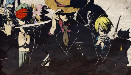 HD desktop wallpaper of the One Piece characters Usopp, Tony Tony Chopper, Roronoa Zoro, Franky, Brook, Sanji, and Monkey D. Luffy in stylish poses.