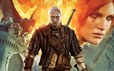 HD PC desktop wallpaper featuring characters from the video game The Witcher 2: Assassins of Kings against a fiery castle backdrop.