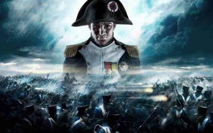 HD wallpaper featuring a majestic portrayal of Napoleon Bonaparte amidst a dramatic battlefield, inspired by the video game Napoleon: Total War.