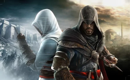 High-definition wallpaper featuring characters from Assassin's Creed: Revelations, showcasing a dramatic contrast between two assassins in a richly detailed environment.