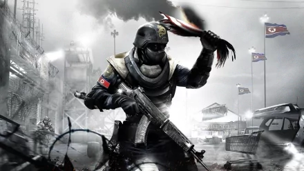 HD PC desktop wallpaper and background of the video game Homefront: armored soldier wielding an assault rifle, waving a torn flag amid a smoke-filled, war-torn urban street with enemy banners.