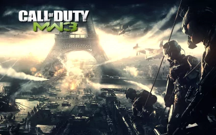 HD wallpaper of Call of Duty: Modern Warfare 3, showcasing a dramatic military battle in Paris with soldiers in the foreground and the Eiffel Tower amidst explosions and smoke in the background.